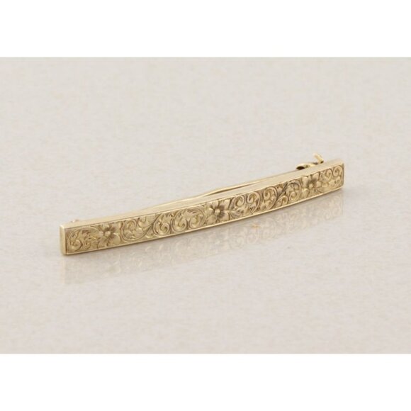 Unbranded Jewelry - 14k Yellow Gold Antique Art Deco Bar Pin Pretty Etched Flower Pattern 2" x 3/16"